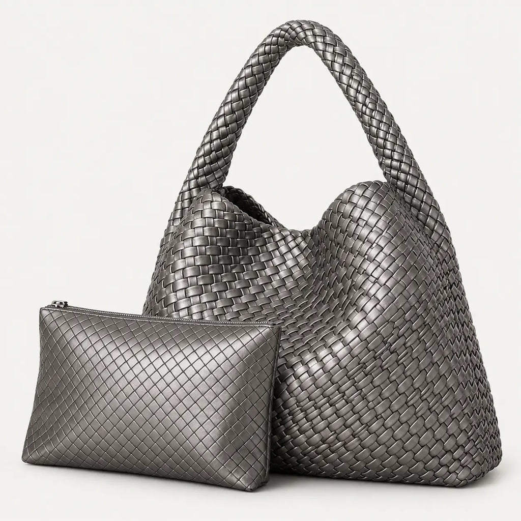 Woven Tote Bag for Women Large Woven Handbag Soft Leather Shoulder Bag Work Shopper Summer Beach Travel Tote Bag with Purse ARGENTÉ