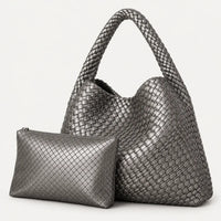 Woven Tote Bag for Women Large Woven Handbag Soft Leather Shoulder Bag Work Shopper Summer Beach Travel Tote Bag with Purse ARGENTÉ