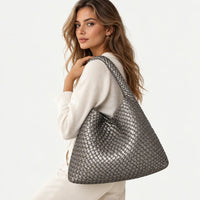 Woven Tote Bag for Women Large Woven Handbag Soft Leather Shoulder Bag Work Shopper Summer Beach Travel Tote Bag with Purse ARGENTÉ